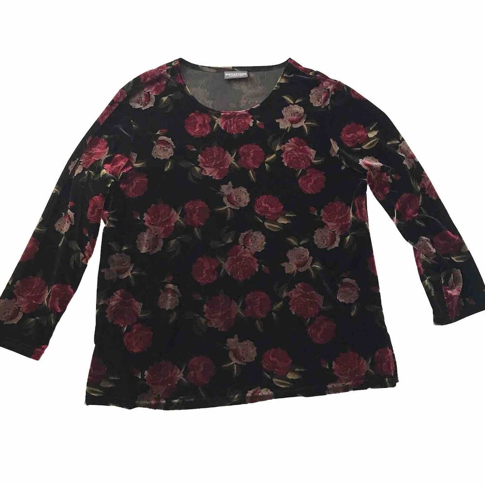 Y2K Notations Velvet Velour Dark Floral Rose Top XL Whimsigoth Romantic Blouse